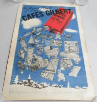 Affiche Publicitaire Café Gilbert - Le Joyeux Noel Voitures Figurines Poupées