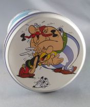 Asterix - Boite à gâteaux Tube rond Delacre - Asterix sautant dans les bras d\'Obelix