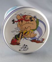 Asterix - Delacre Tin Cookie Box (Rond Tube) - Asterix jumping in the arms of Obelix