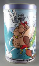 Asterix - Delacre Tin Cookie Box (Rond Tube) - Asterix jumping in the arms of Obelix