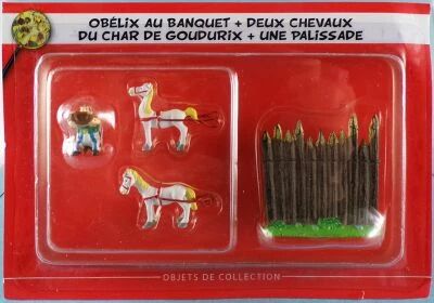Asterix - Editions Hachette - Le Village - N�27 : Ob�lix au Banquet + Deux Chevaux du Char de Goudurix + une Palissade Neuf Blis