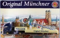 Grell Ho 1:87 Iveco Stralis Blue Truck & Lowbed Road Trailer with Paulaner Beer Sign Mast Mint on Card