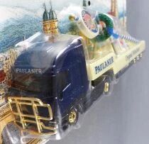 Grell Ho 1:87 Iveco Stralis Blue Truck & Lowbed Road Trailer with Paulaner Beer Sign Mast Mint on Card
