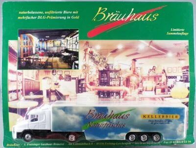 Grell Ho 1:87 Scania 124L 400  White Truck & Br�uhaus Brewery Road Trailer Mint on Card