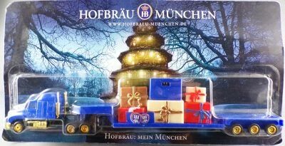 H�mmer Ho 1:87 Mack Blue Truck & Hofbr�u M�nchen Beer Lowbed Road Trailer Mint on Card