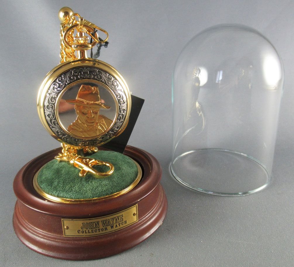 John Wayne Franklin Mint Pocket Watch Glass Dome Chain Stand Unused