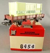 Jouef 6454 Ho Sncf Flat Wagon 2 Axles Ocem Jho with a Sncf Cnc Container in Red Box