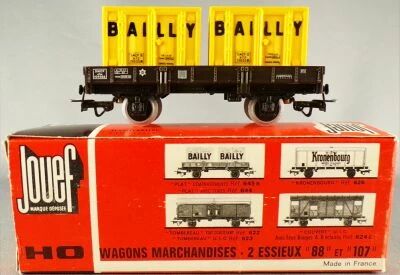 Jouef 645B Ho Sncf Wagon Plat � Bords Bas 2 Essieux Ocem Jho & 2 Conteneurs Bailly Boite Rouge Etui