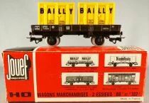 Jouef 645B Ho Sncf Wagon Plat &agrave; Bords Bas 2 Essieux Ocem Jho & 2 Conteneurs Bailly Boite Rouge Etui