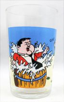 Laurel & Hardy 1973 Mustard glass - Hardy in water barrel