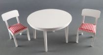 Lundby of Sweden - 2 x White Wooden Chairs with Fabric + Kitchen Table Dolls House Furniture