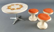 Lundby of Sweden - 3 Tabouret Rond Tissus Orange + Table Cuisine Ronde Design Maison de Poupées