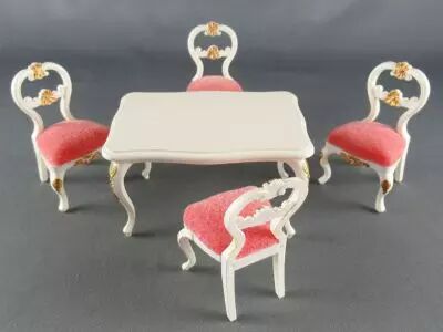 Lundby of Sweden - 4 x White Wooden Chairs with Pink Fabric + Table Dolls House Furniture