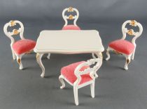 Lundby of Sweden - 4 x White Wooden Chairs with Pink Fabric + Table Dolls House Furniture