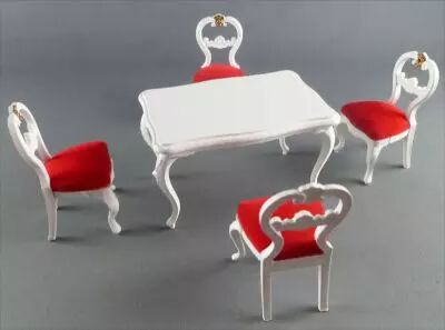 Lundby of Sweden - 4 x White Wooden Chairs with Red Fabric + Table Dolls House Furniture