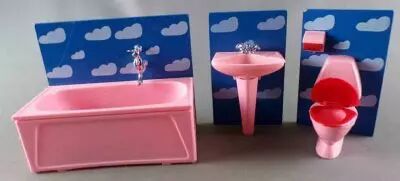 Lundby of Sweden - Bathroom Bath Sink Toilet Blue Walls with Clouds Dolls House Furniture