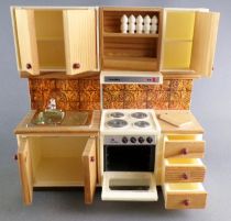 Lundby of Sweden - Meuble Cuisson + Meuble Evier Cuisine Pin Carreaux orange Maison de Poupées