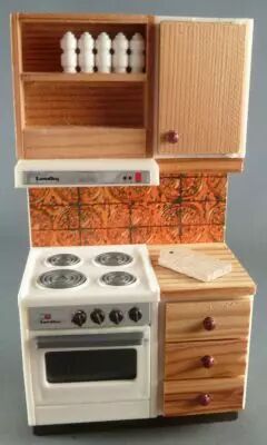 Lundby of Sweden - Meuble Cuisson Cuisine Pin Carreaux orange Maison de Poup�es