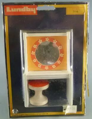Lundby of Sweden R�f 7116 - Coiffeuse Miroir & Tabouret Blanc Tissus Orange Maison de Poup�es Neuf Blister
