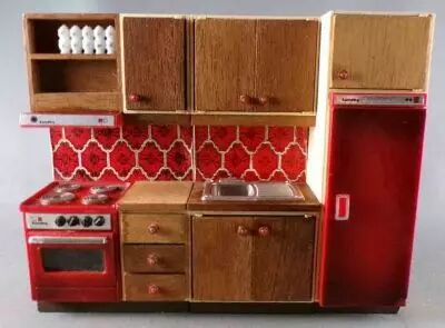 Lundby of Sweden R�f 9272 - Cuisine Continental Evier Cuisini�re & Placard de Rangement Carreaux Rouge Maison de Poup�es
