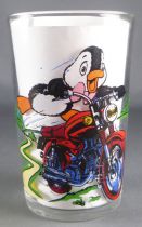Nestor the pinguin - 1976 Amora Mustard glass - Nestor rides a motorbike