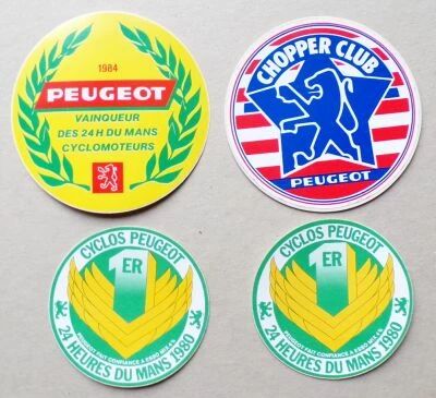Peugeot - Cyclo - Lot de 4 Autocollants Vintage 24 Heures du Mans Chopper Club