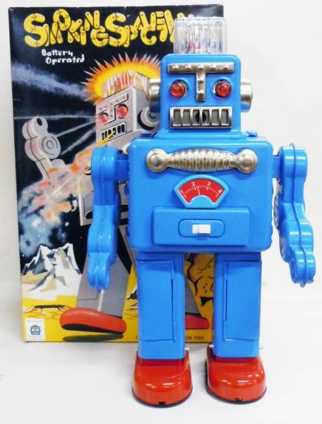 Robot - Battery Operated Tin Robot - Smoking Space Man (Ha Ha Toys) Blue