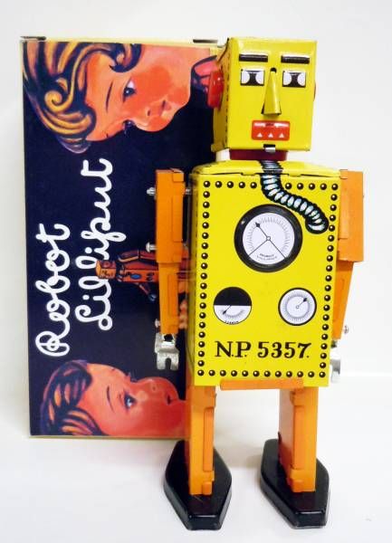MS397 Yellow Lilliput Robot Retro Clockwork Wind Up Tin Toy w/Box 