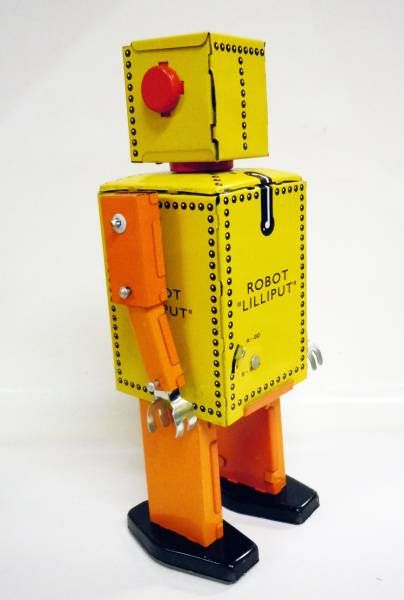 MS397 Yellow Lilliput Robot Retro Clockwork Wind Up Tin Toy w/Box 