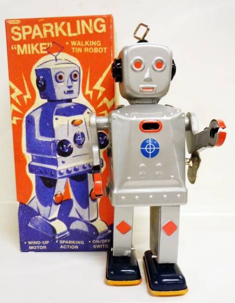 SPARKLING MIKE ROBOT Tin Wind Up vtg style zoomer spark walking mechanical Space 