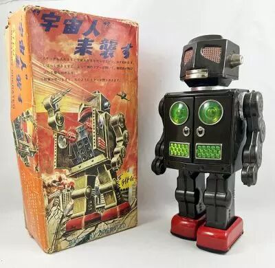 Robot - Robot Marcheur � Pile en T�le - Attacking Martian - Horikawa Japan Box 1967 (Version Noire)