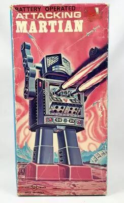Robot Marcheur à Pile En Tôle - Attacking Martian - Horikawa Japan Box 1967  Version Noire P Image 556896 Grande