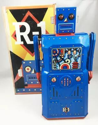 Robot - Robot Marcheur � Pile en T�le - Robot One R-1 (Rocket USA) Bleu
