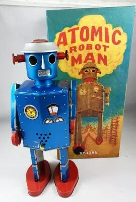Robot - Robot Marcheur M�canique en T�le - Atomic Robot Man G�ant Bleu (St.John Tin Toy)
