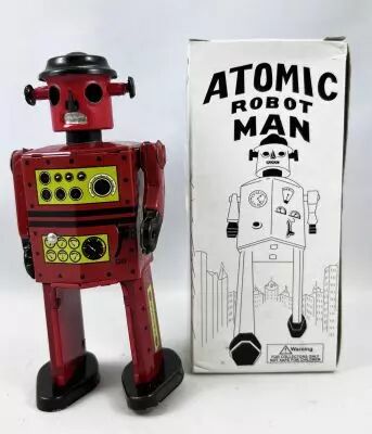 Robot - Robot Marcheur M�canique en T�le - Atomic Robot Man Rouge (St.John Tin Toy)