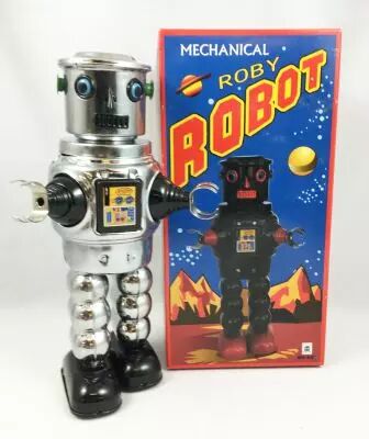 Robot - Robot Marcheur M�canique en T�le - Roby Robot (argent�) Ha Ha Toy MS640