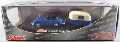Schuco 21755 Ho 1:87 VW Blue Porsche 356 Convertible with Caravan Mint in Box