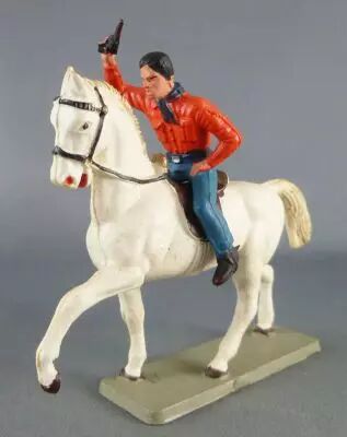 Starlux - Cow-Boys - S�rie 63 Luxe - Cavalier revolver en l\'air (orange & bleu ) cheval blanc (r�f 4412)
