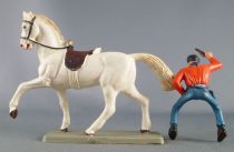Starlux - Cow-Boys - Série 63 Luxe - Cavalier revolver en l\'air (orange & bleu ) cheval blanc (réf 4412)