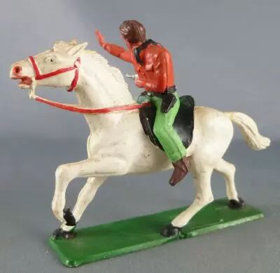 Starlux - Cow-Boys - Série 63 Luxe - Cavalier Fusil à La Main  Bleu   Rouge  Cheval Noir  Ref 4417  P Image 407010 Grande