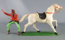 Starlux - Cow-Boys - Série 63 Luxe - Cavalier Tireur révolver main gauche (orange & vert) cheval blanc (réf 4415)