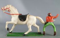 Starlux - Cow-Boys - Série 63 Luxe - Cavalier Tireur révolver main gauche (orange & vert) cheval blanc (réf 4415)