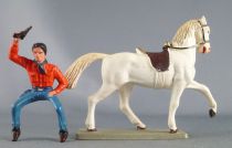 Starlux - Cow-Boys - Series 63 (Luxe) - Mounted brandishing pistol (orange & blue) white horse (ref 4412)