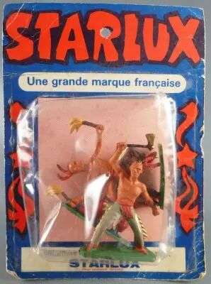Starlux - Indiens - S�rie Ordinaire 57 - Blister 3 Pi�tons Hache Fusil Genoux Danseur Torches (r�f 147 142 150)