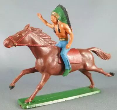 Starlux - Indiens - S�rie Ordinaire 65 - Cavalier Chef (bleu) cheval marron galop (r�f 421)