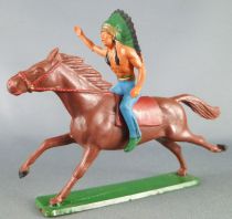 Starlux - Indiens - Série Ordinaire 65 - Cavalier Chef (bleu) cheval marron galop (réf 421)