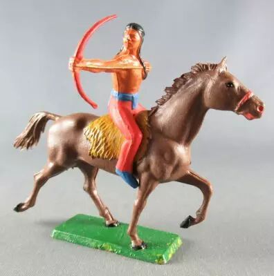 Starlux - Indiens - S�rie Ordinaire 65 - Cavalier Tireur � l\'arc (rouge) cheval marron trotp (r�f 427)