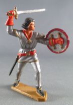 Starlux - Middle-age - 58 Series - ref  6004 (grey base new mould) - Footed Lord fighting sword rond shield (metalised grey & re