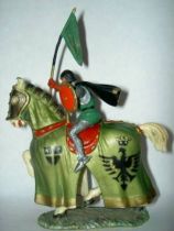 Starlux - Middle-age - serie 60 - ref 6113 - mounted with streamer & black cape on 1961 walking white horse with green jousting 