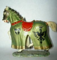 Starlux - Middle-age - serie 60 - ref 6113 - mounted with streamer & black cape on 1961 walking white horse with green jousting 